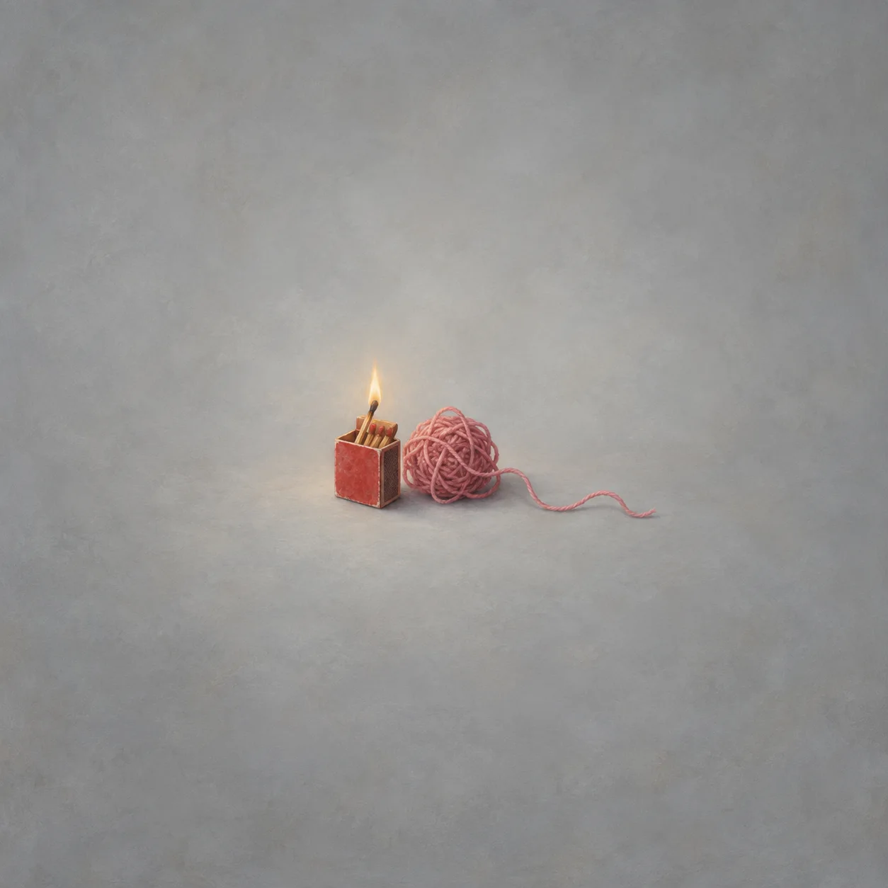 An open red matchbox with a lit match beside a tangled ball of pink yarn on a grey surface.