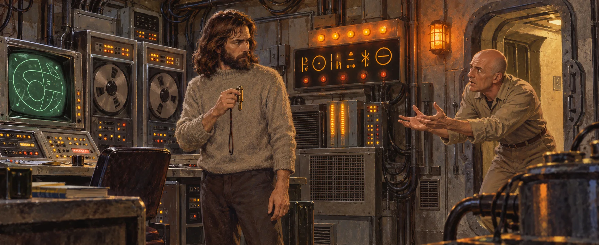 A long-haired bearded man holds a key on a cord in a cramped 1970s computer room glowing with strange symbols as a bald man pleads with him.