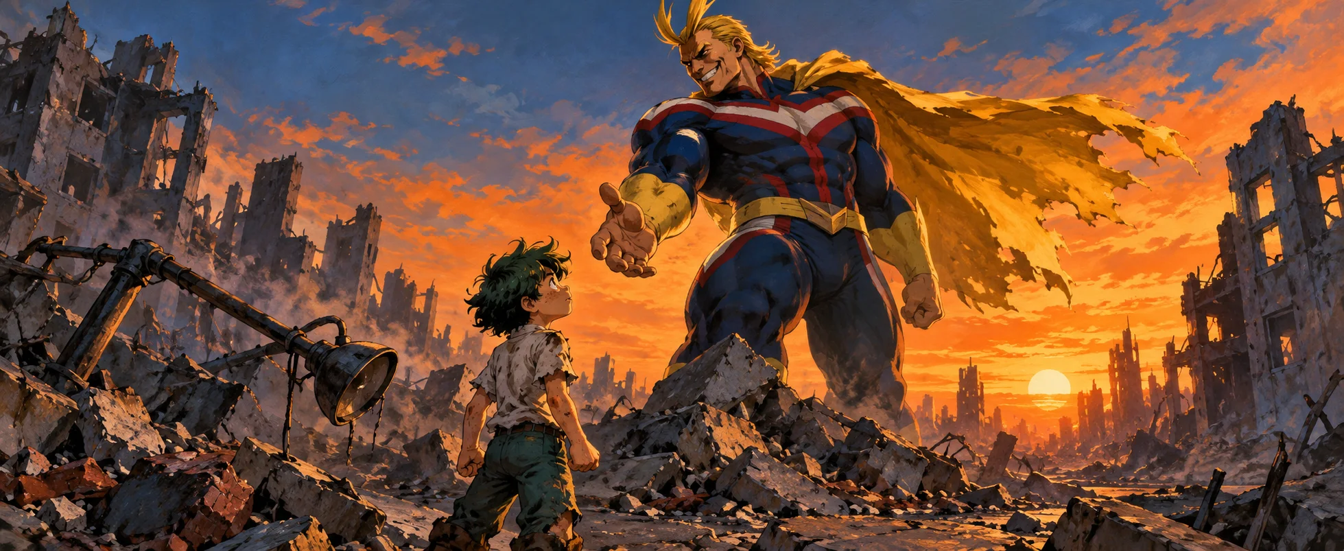 A towering muscular hero in blue, red and gold reaches out to a small boy amid city ruins at sunset.