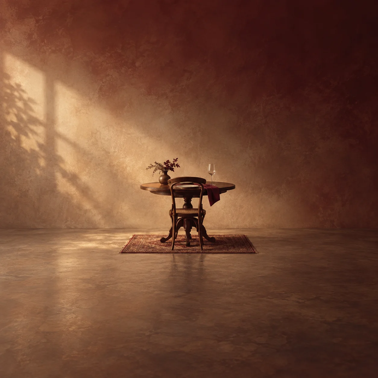 Painterly round wooden table and empty chair on a rug, with a small vase and wine glass.
