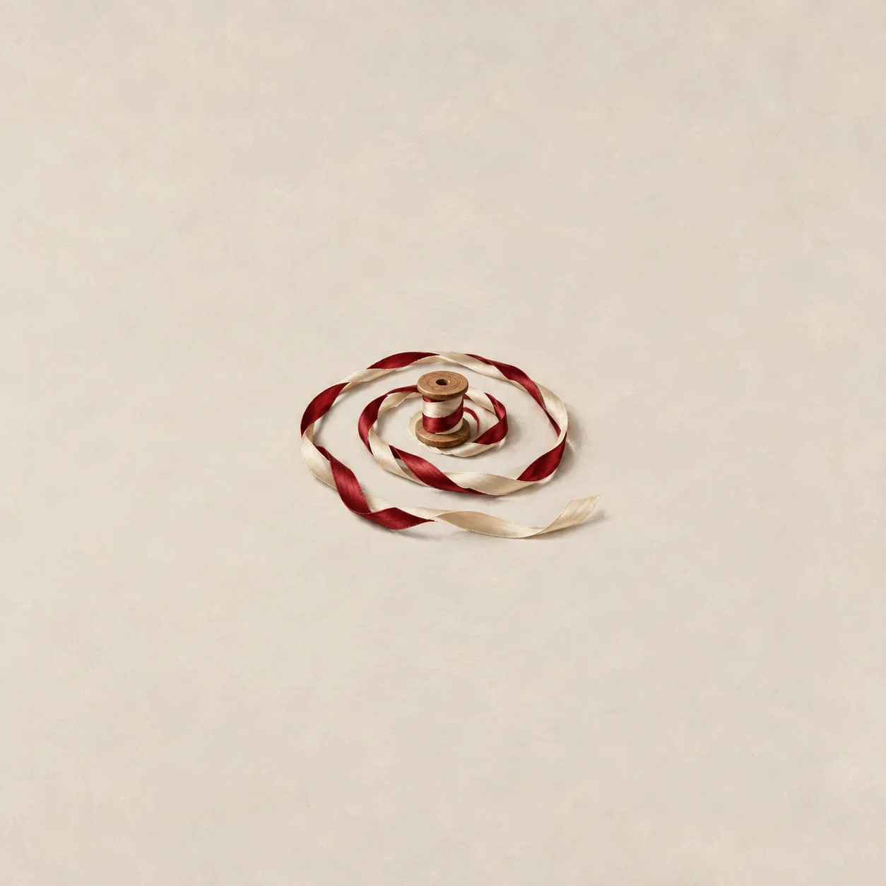 Painterly red and cream ribbons spiralling outward from a small wooden spool.