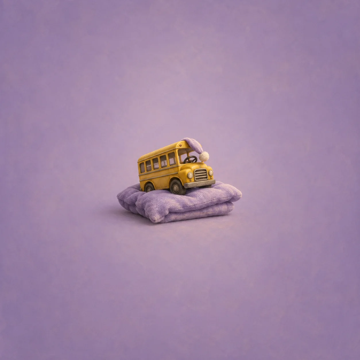 A yellow toy bus wearing a small lavender nightcap and resting on a matching pillow.