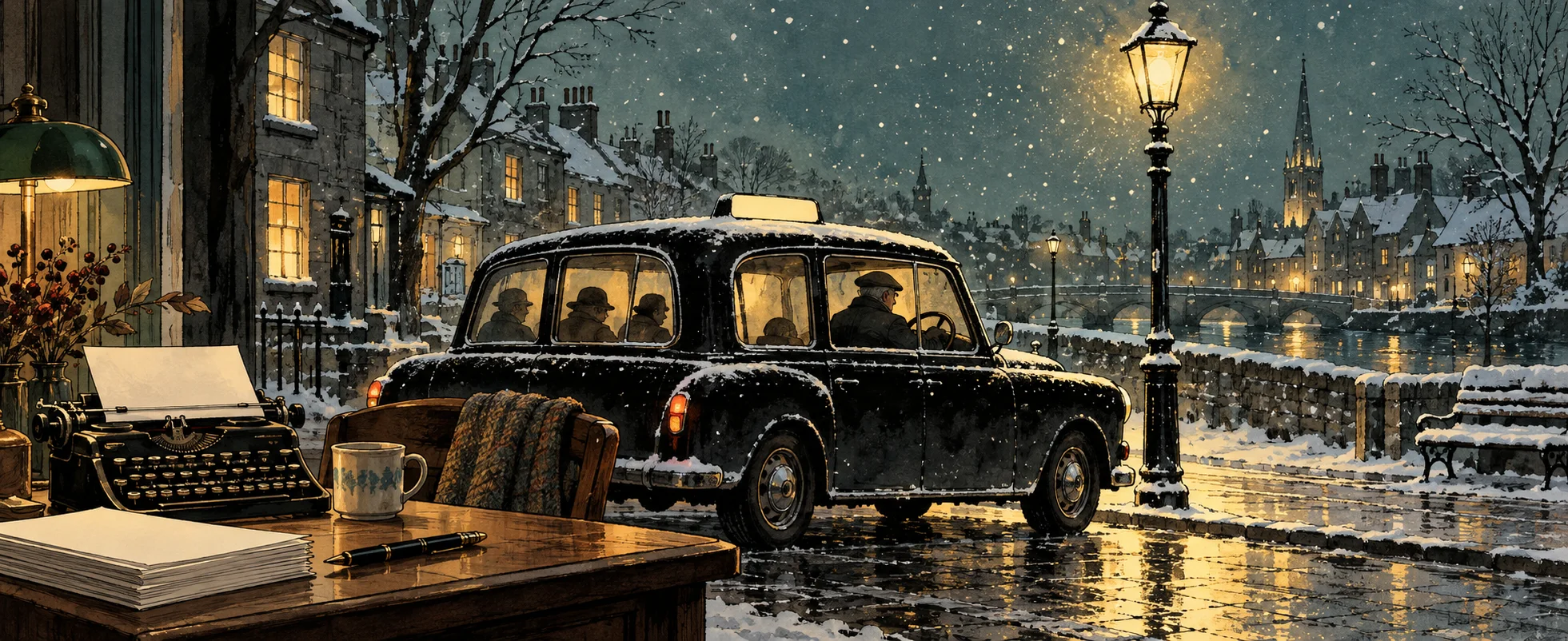 A black taxi waits under a snowy streetlamp in a quiet town at night, a typewriter on a desk in the foreground.