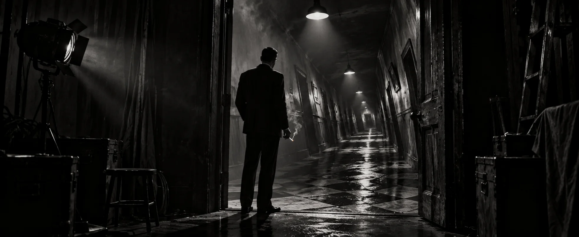 A man in a dark suit stands in silhouette at the threshold of a long, tilted, lamplit corridor, in black-and-white noir.