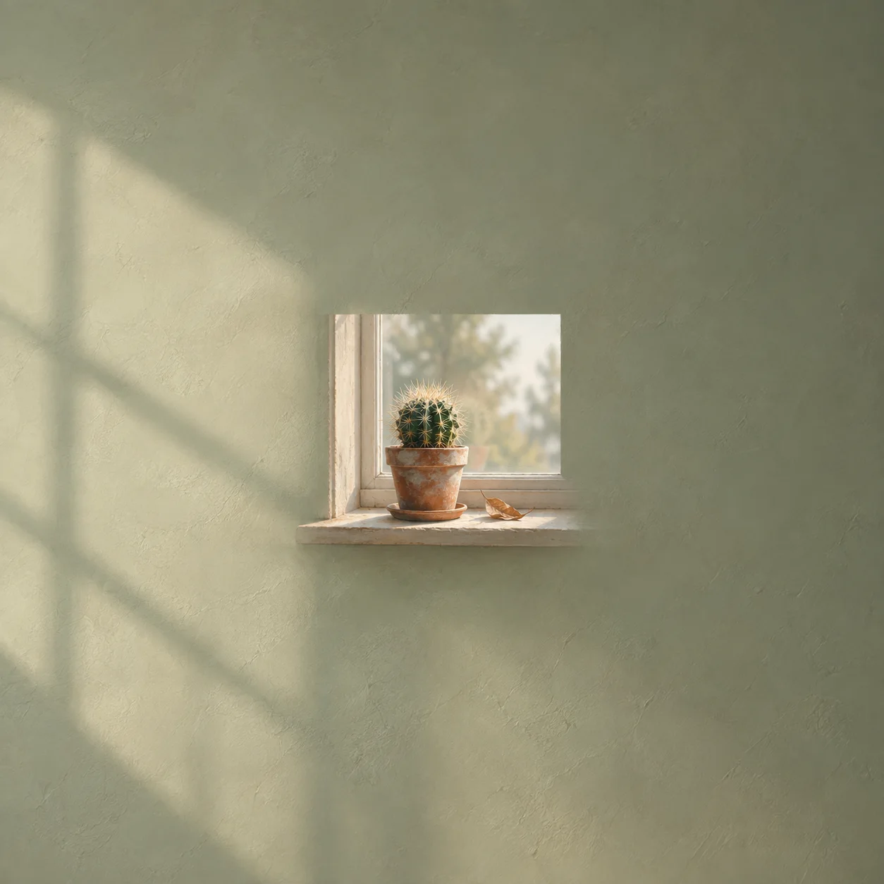 Painterly small round cactus in a terracotta pot on a sunlit windowsill beside a dry leaf.