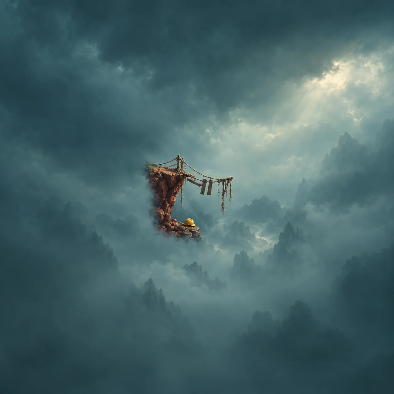 A broken rope bridge hangs from a rocky ledge above stormy clouds, with a small yellow hard hat below.