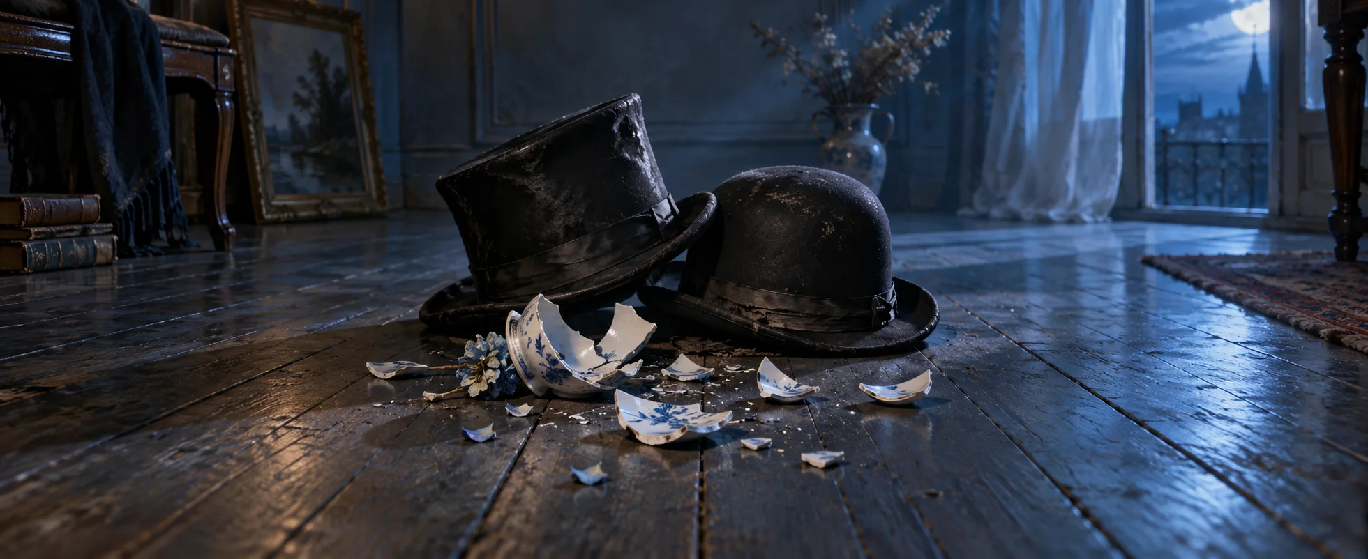 Two battered black hats rest beside scattered porcelain fragments on a blue-lit wooden floor.