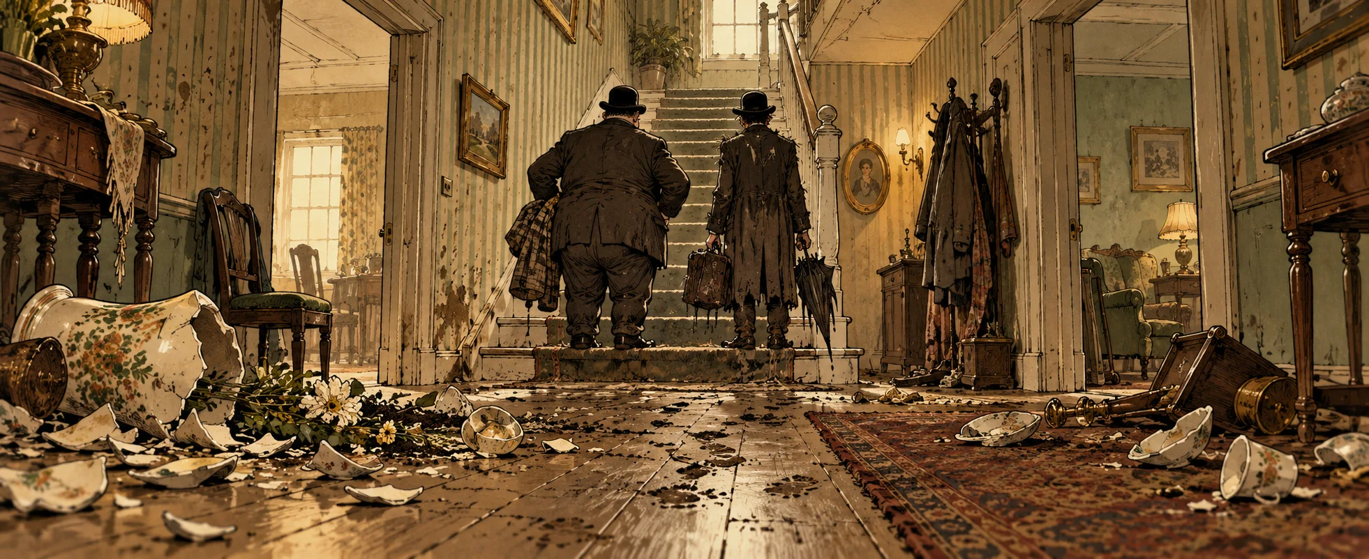 A stout man and a thin man in bowler hats trudge up the stairs of a wrecked hallway strewn with broken crockery.