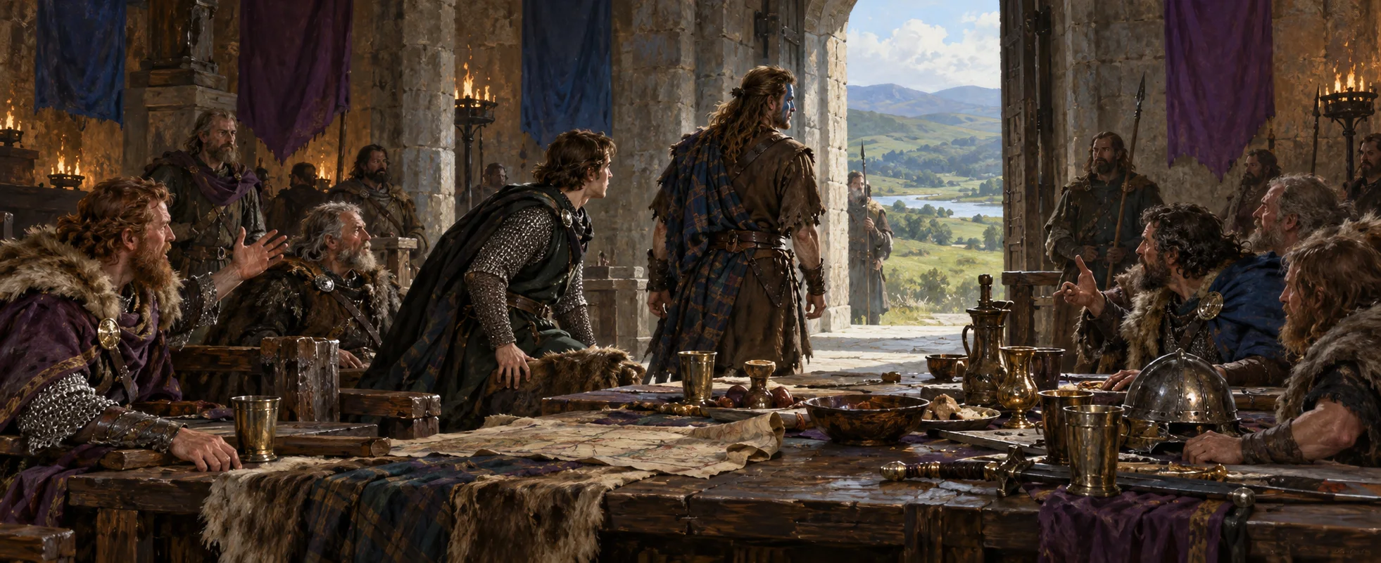 A rebel in a rough plaid turns from a table of quarrelling nobles in a stone hall toward an open door onto green Scottish hills.