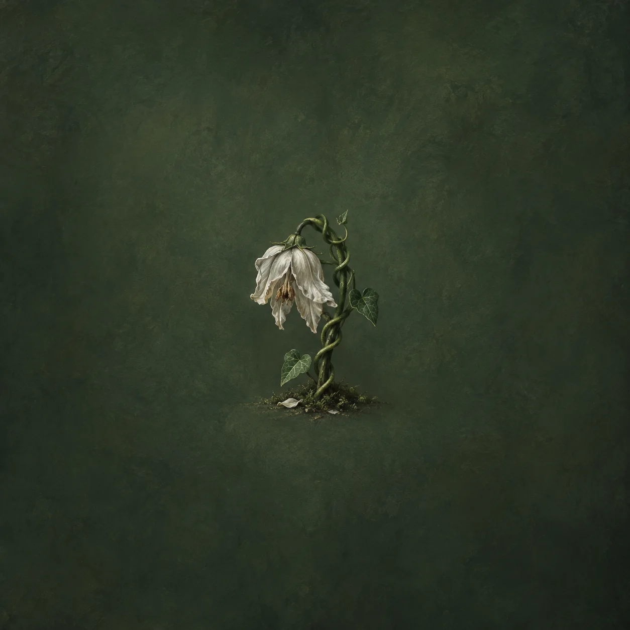 Painterly wilted white flower tightly entwined by a green vine against dark green.