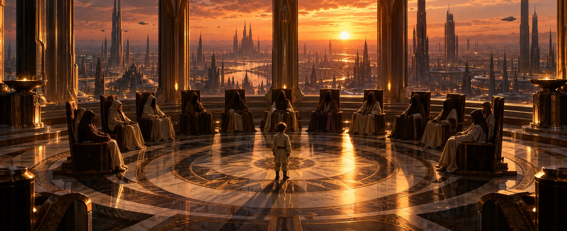 Robed elders sit in a ring of chairs around a small boy standing alone in a council chamber high above a city at sunset.