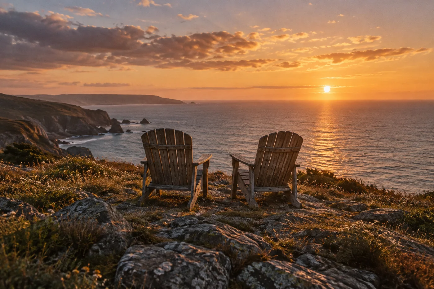 Two empty wooden chairs overlooking the sea at sunset.