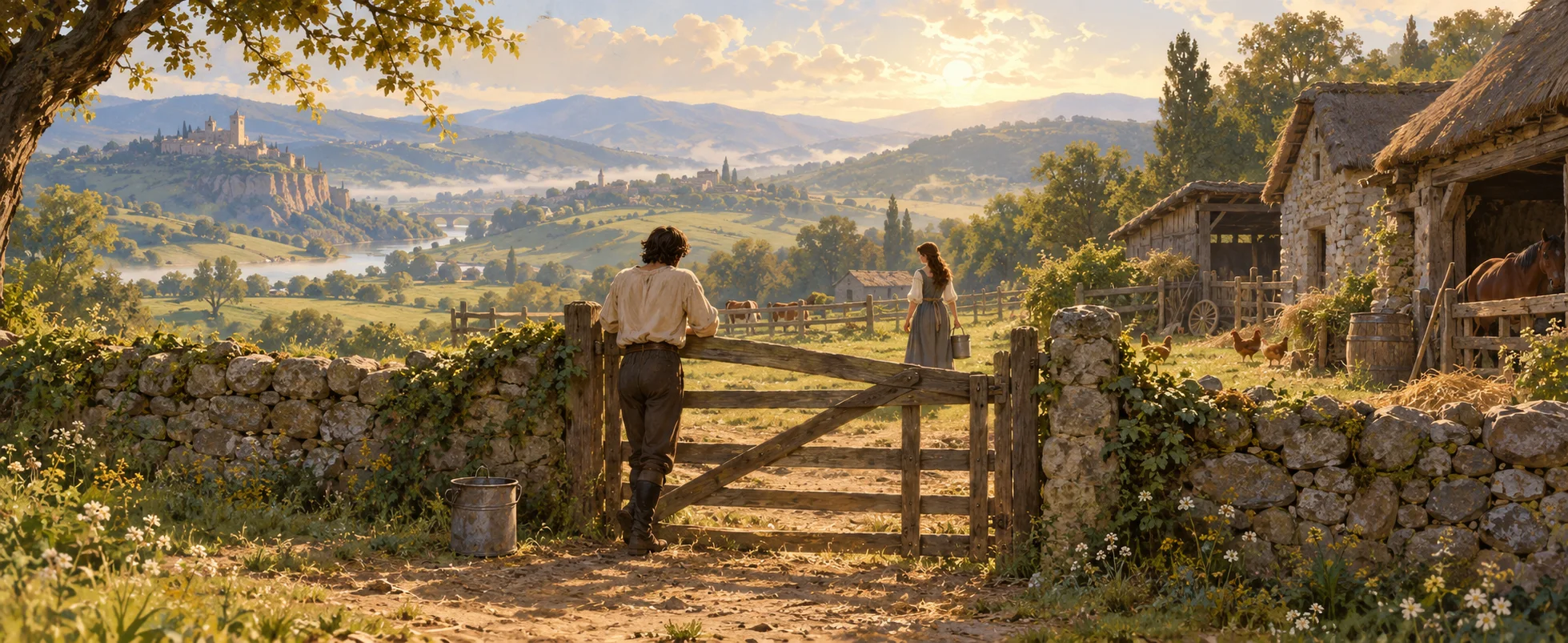 A farm boy leans on a wooden gate in golden morning light while a young woman stands across the yard by a stone cottage.