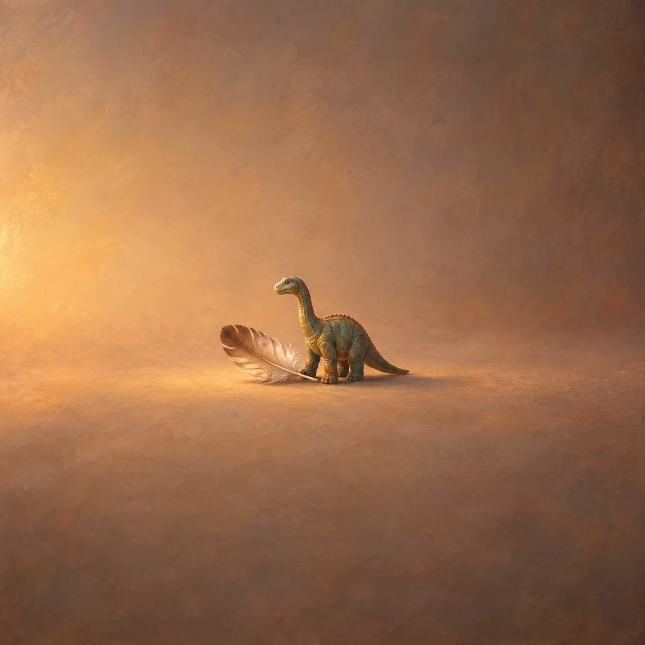 A small green toy dinosaur stands beside a pale feather on a warm golden surface.