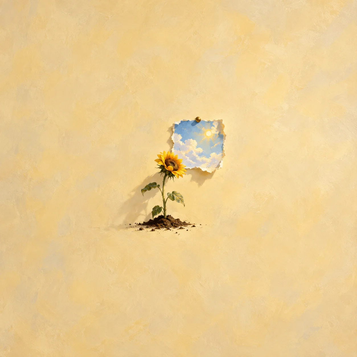 Painterly sunflower growing beneath a pinned scrap of blue sky and clouds.