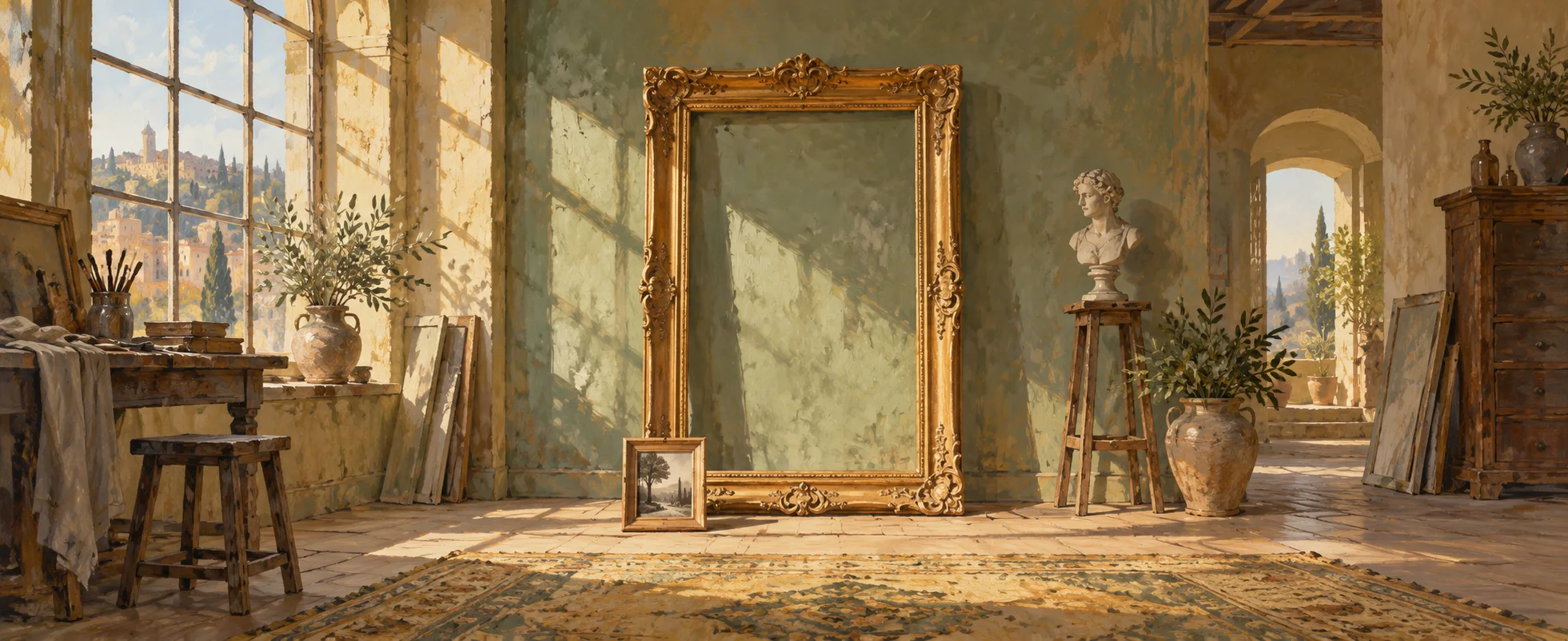 A tall empty gilded picture frame stands behind a tiny plain photograph frame in a sunlit old studio.