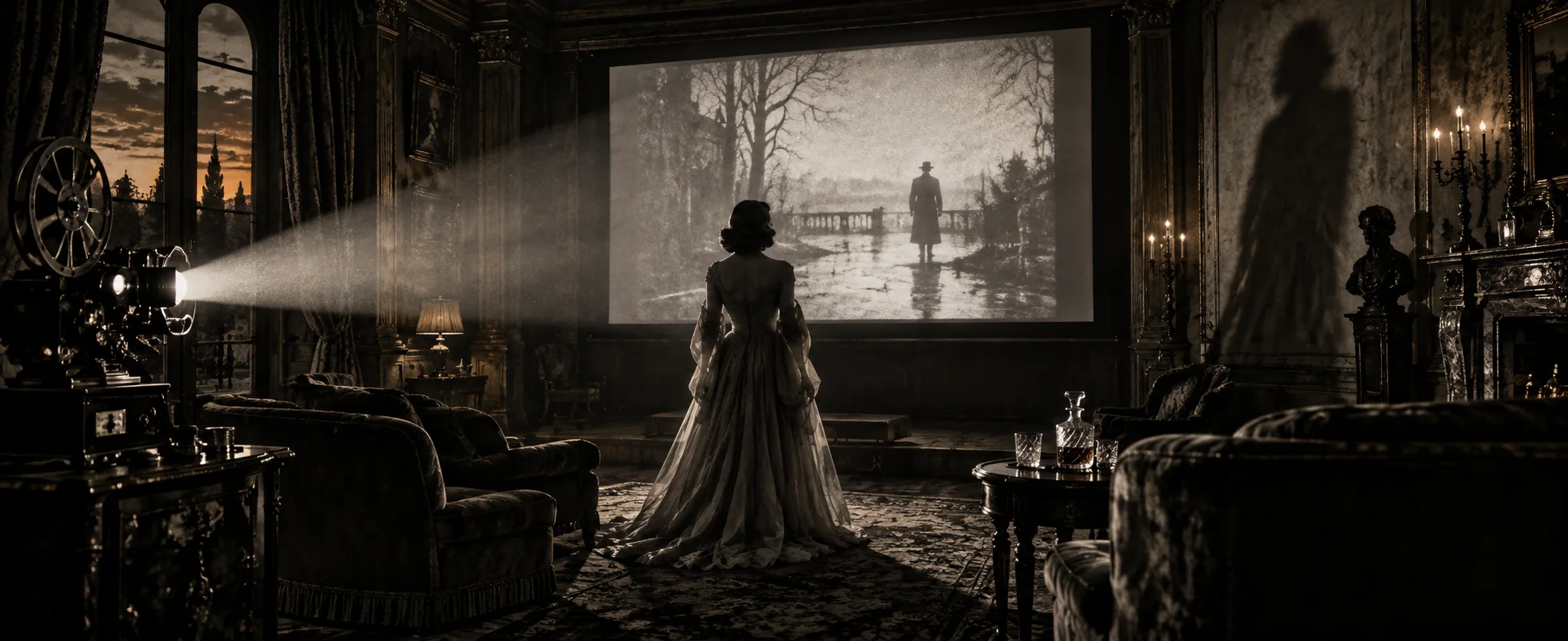 A woman in a pale gown stands in a dark mansion projection room before a glowing screen showing a silent film.