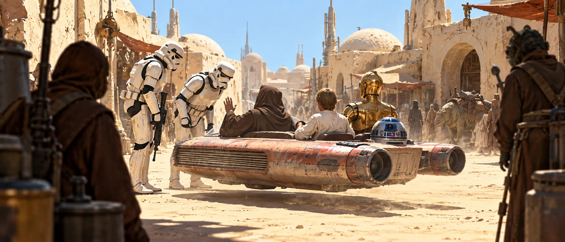 Two white-armoured troopers lean in at a landspeeder carrying a robed old man, a young man, a golden droid and a dome-headed droid on a dusty desert street.