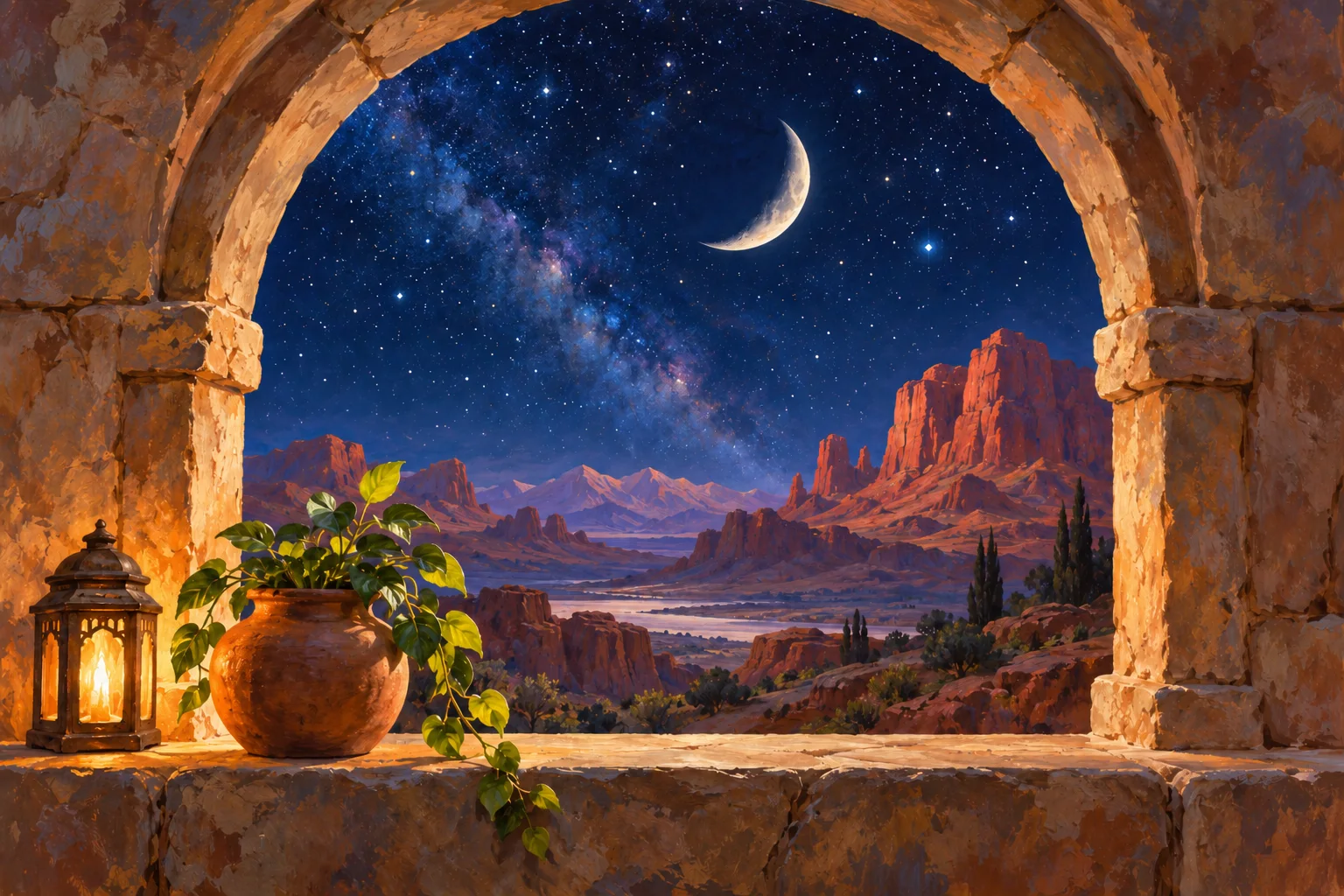 A green plant grows on a stone ledge beneath an arch framing red desert mountains, stars and a crescent moon.