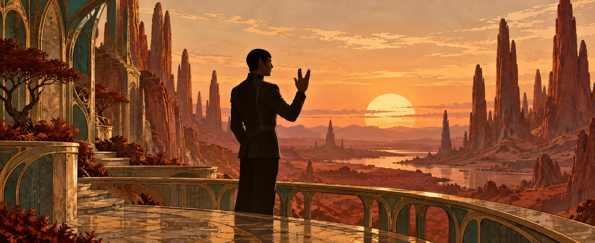 A figure in a dark tunic raises a hand in a split-fingered salute on a stone terrace above a red desert of rock spires at dusk.