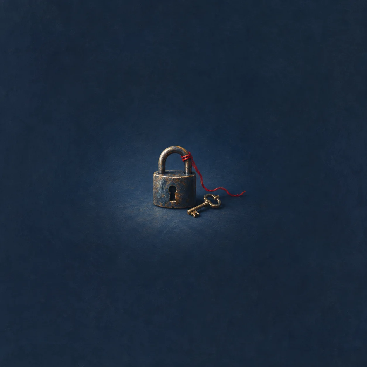 A blue metal padlock with red string tied around its shackle and a key lying beside it against a deep blue background.