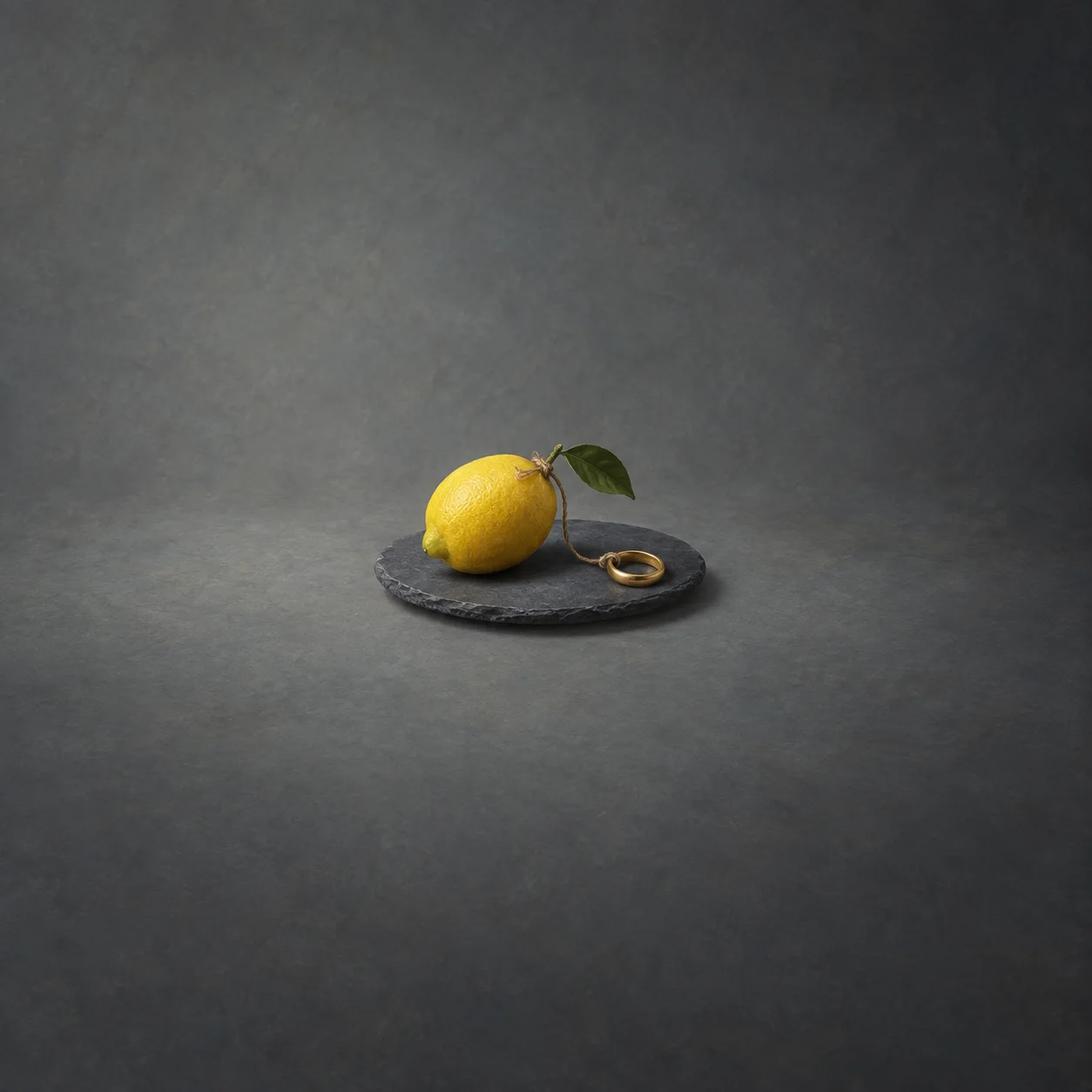A yellow lemon and a gold ring connected by thin string rest on a dark slate plate.