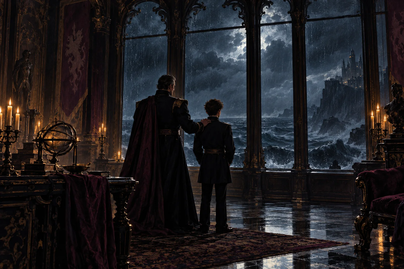 A noble father in a dark uniform rests a hand on his son's shoulder in a candlelit castle chamber, rain lashing tall windows over a stormy sea.