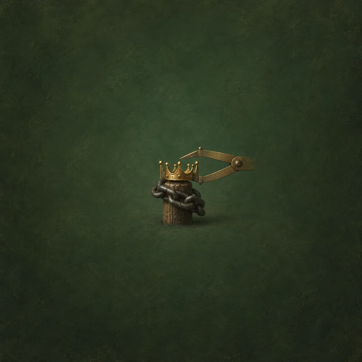 A gold crown sits on a wooden peg wrapped in dark chain links, with brass calipers behind it against green.