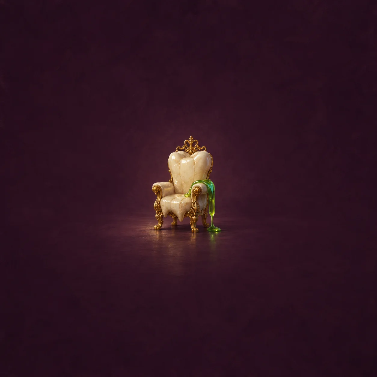 A small ornate gold chair with a white tooth-shaped back has green liquid dripping from one arm.