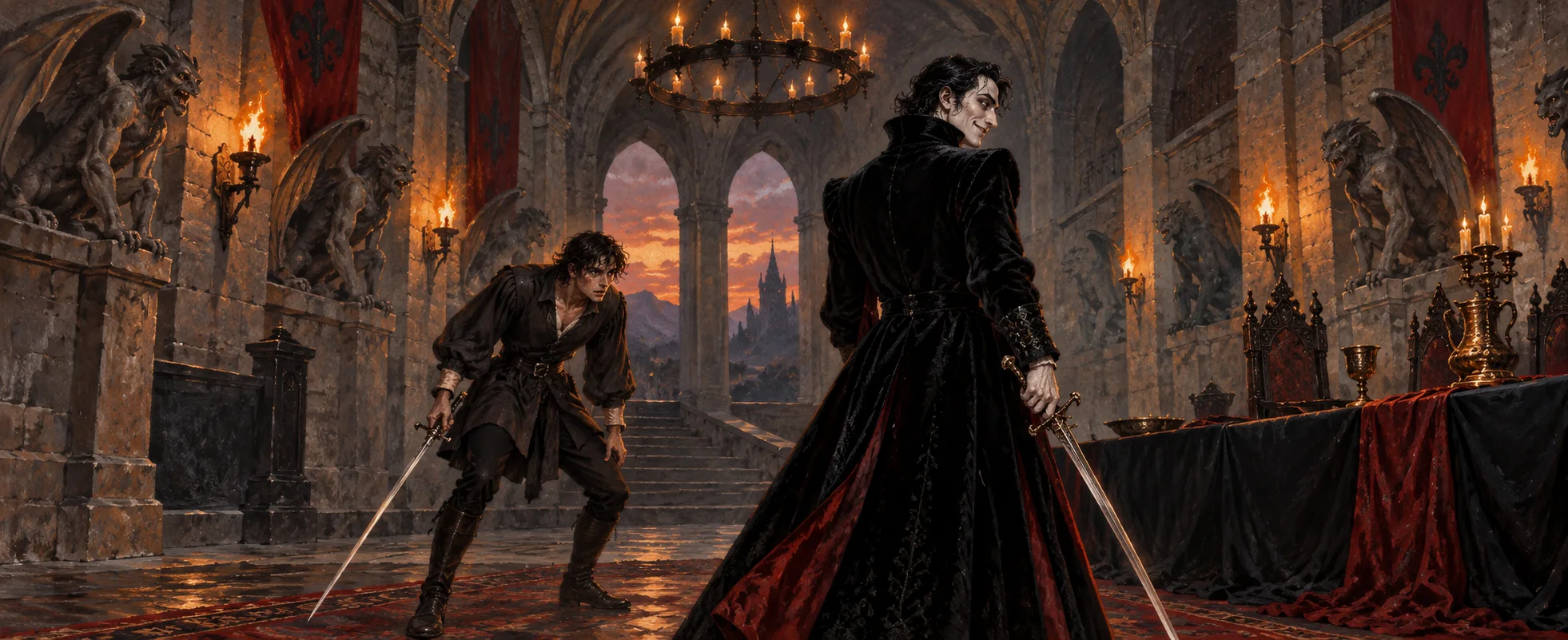 Two swordsmen duel in a red-hung castle hall, one in black with a long cape.