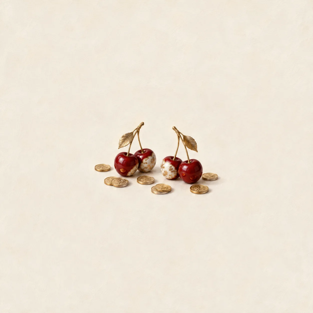 Two pairs of red and cream cherries with gold stems, surrounded by scattered gold coins.