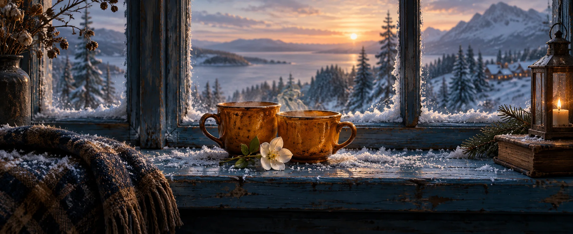 Two worn amber cups rest beside a small white flower on a snowy blue windowsill.