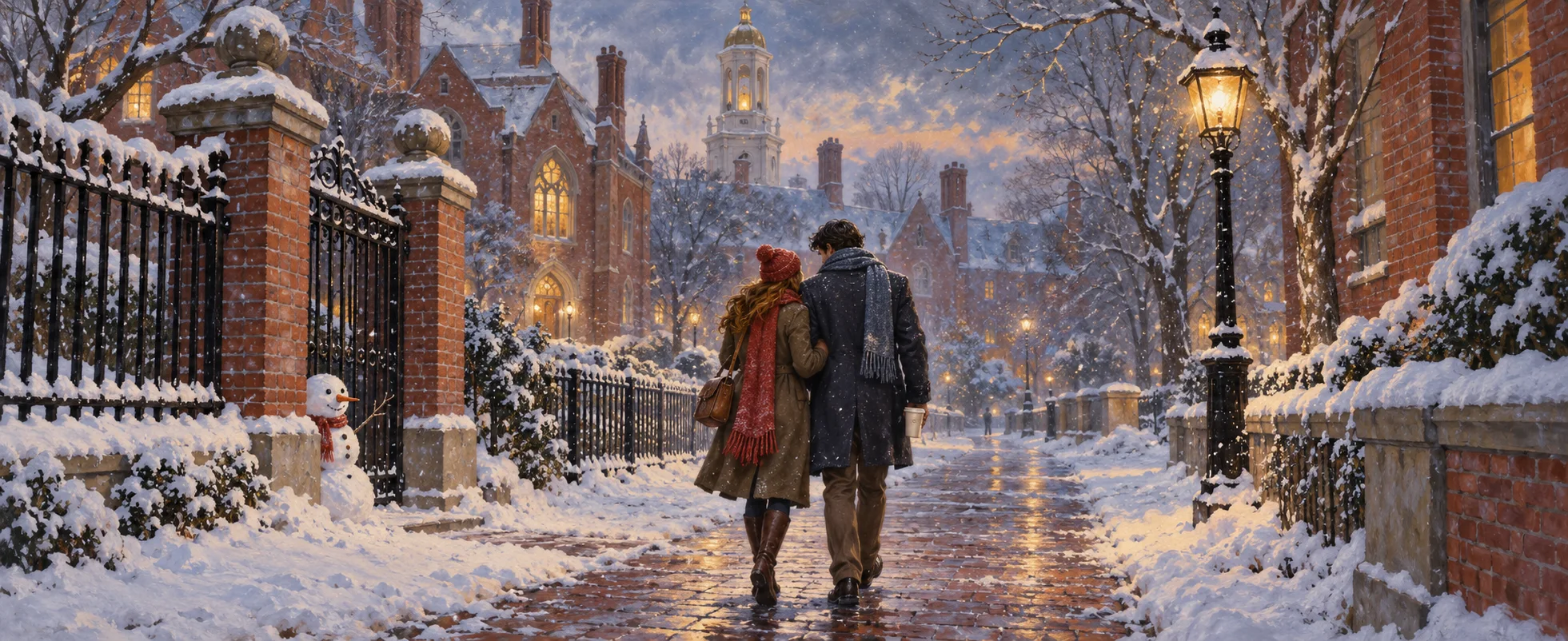A young couple in scarves and wool coats walk arm in arm down a snowy brick street lined with college buildings at dusk.