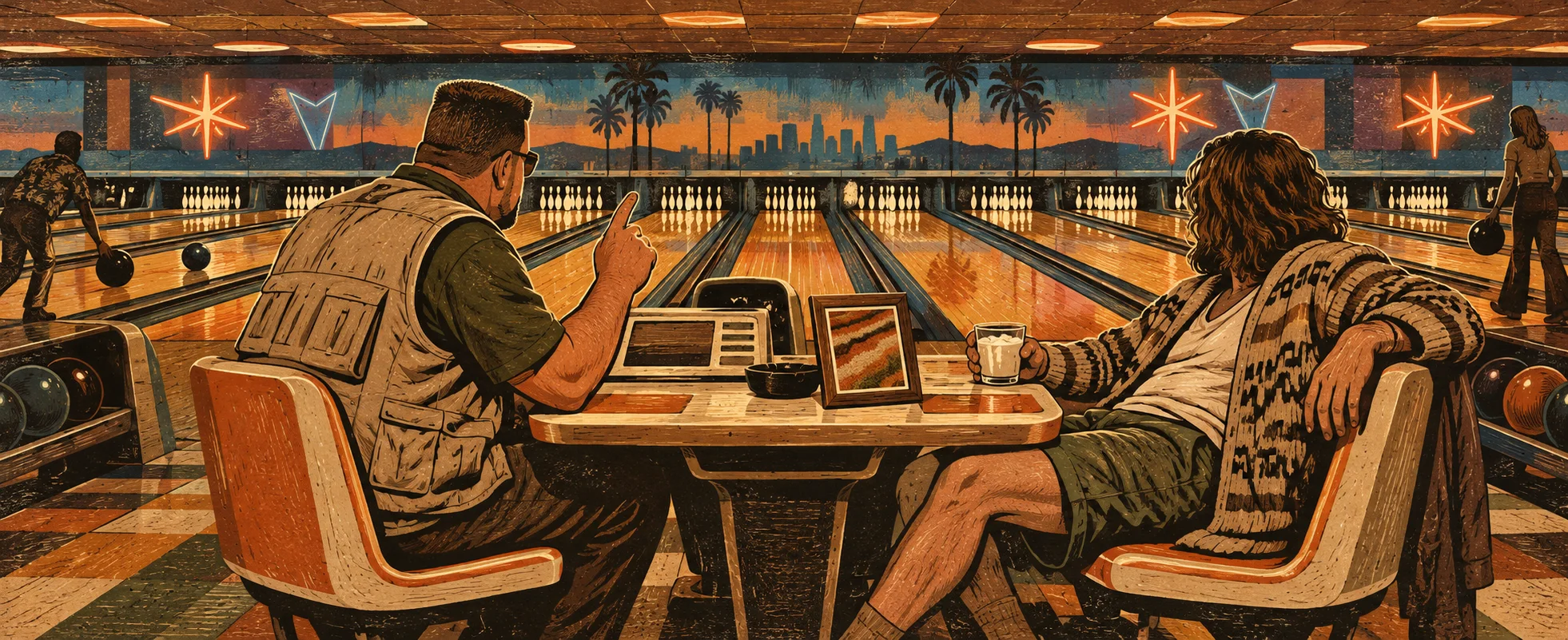 A big man in a fishing vest lectures from a bowling-alley booth while a long-haired slacker in a cardigan lounges with a white drink, lanes behind them.