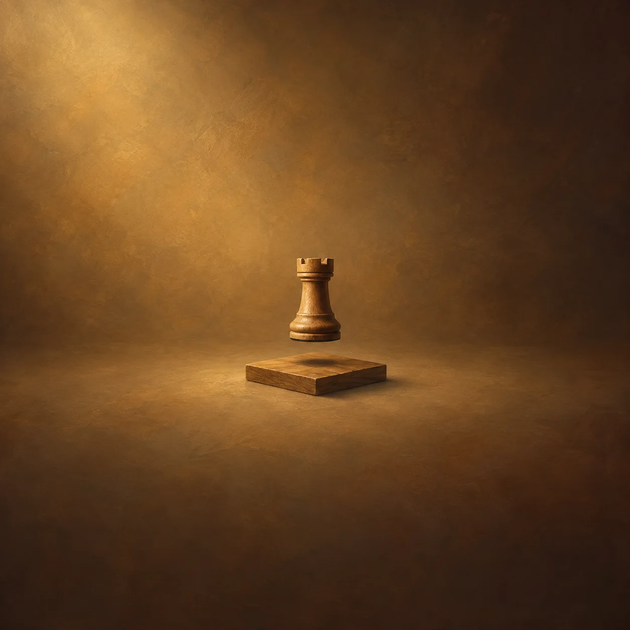 A wooden rook hovers above a small square wooden board in warm amber light.