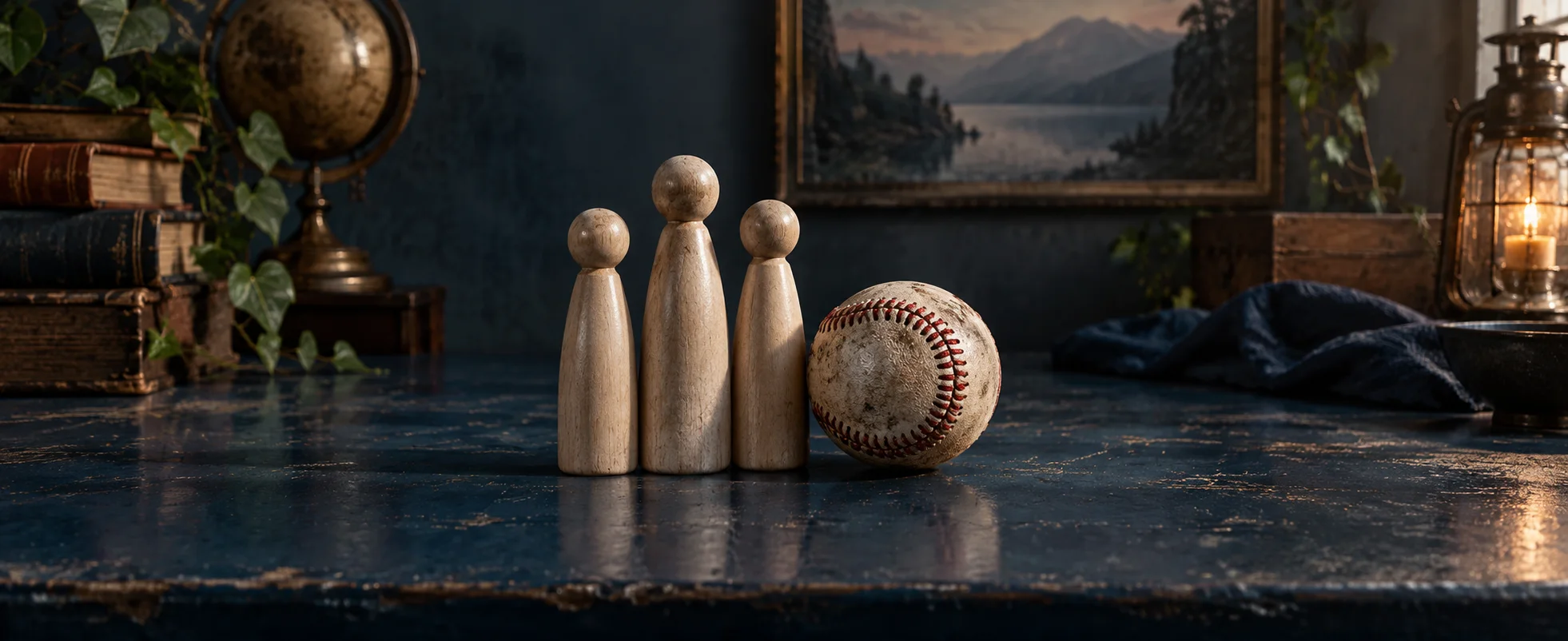 Three pale wooden peg figures stand beside a scuffed baseball on a dark blue tabletop.