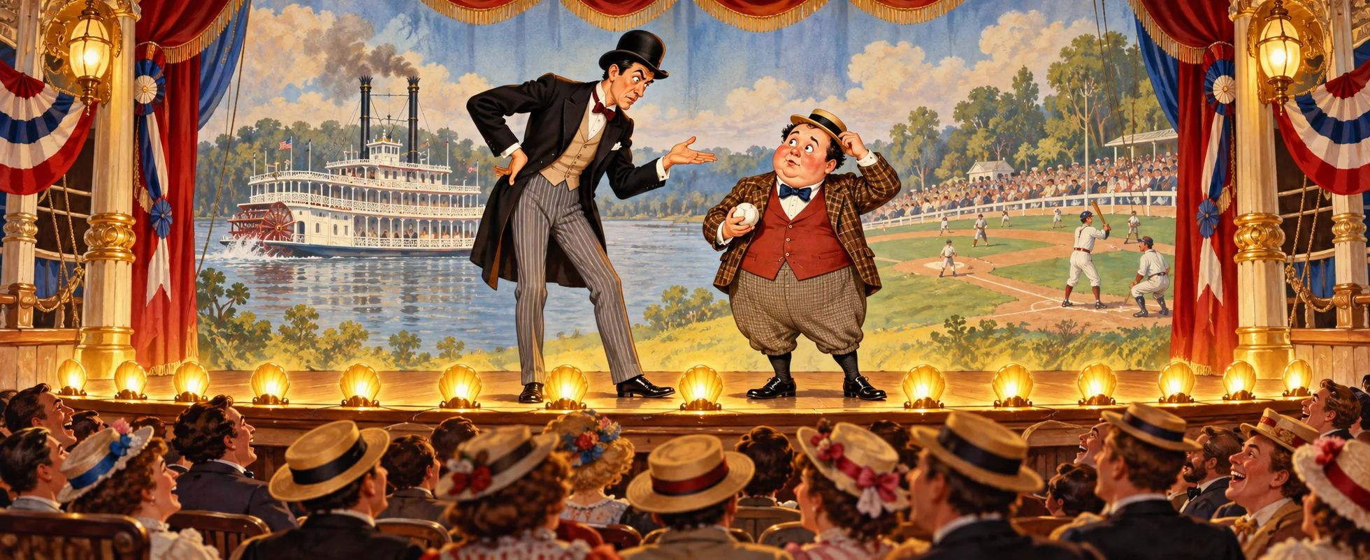 On a showboat stage, a tall exasperated straight man in a bowler hat gestures at a short, round, baffled comic holding a baseball, a laughing crowd below.