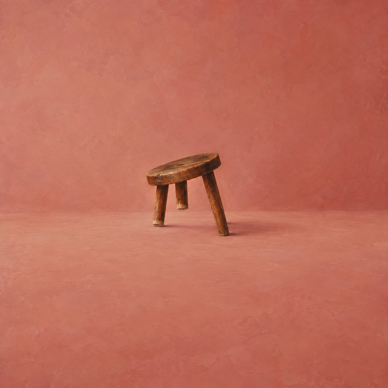 A small three-legged wooden stool with a tilted seat against a coral-pink background.