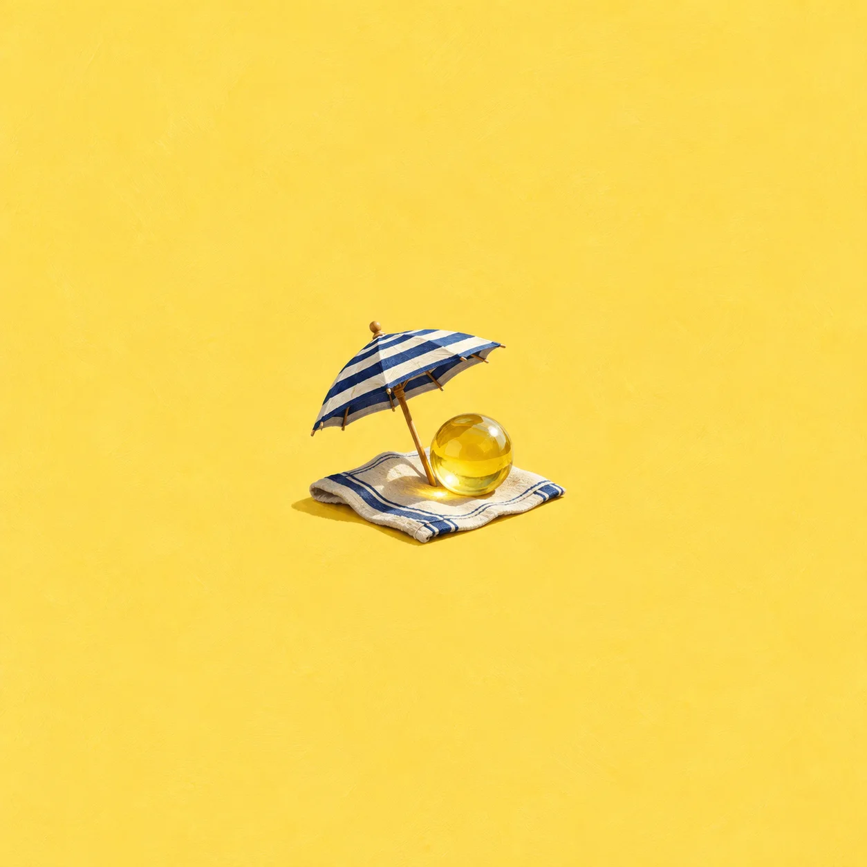 A blue-and-white striped miniature umbrella shades a yellow glass orb on folded striped cloth.