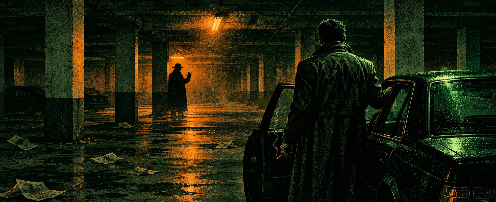 In a sodium-lit underground car park, a trench-coated figure in a hat lifts a hand in warning from the shadows of a pillar while a man stands by a dark car, in green-and-black duotone.