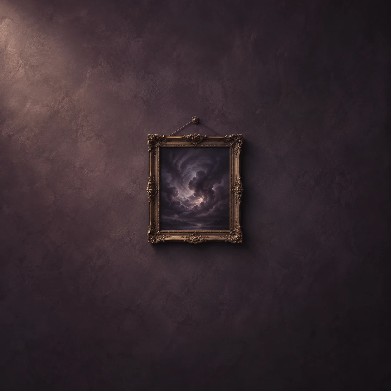 An ornate gold frame hangs on a plum wall around a swirling dark storm-cloud image.