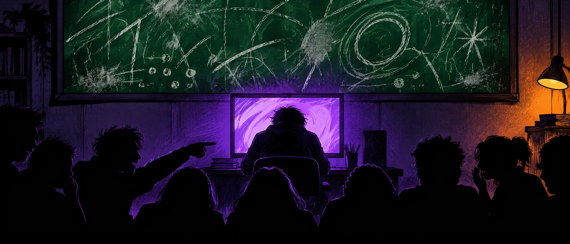 A crowd of silhouettes jeers at a glowing purple monitor in a dark room, angry scrawls on a blackboard behind.