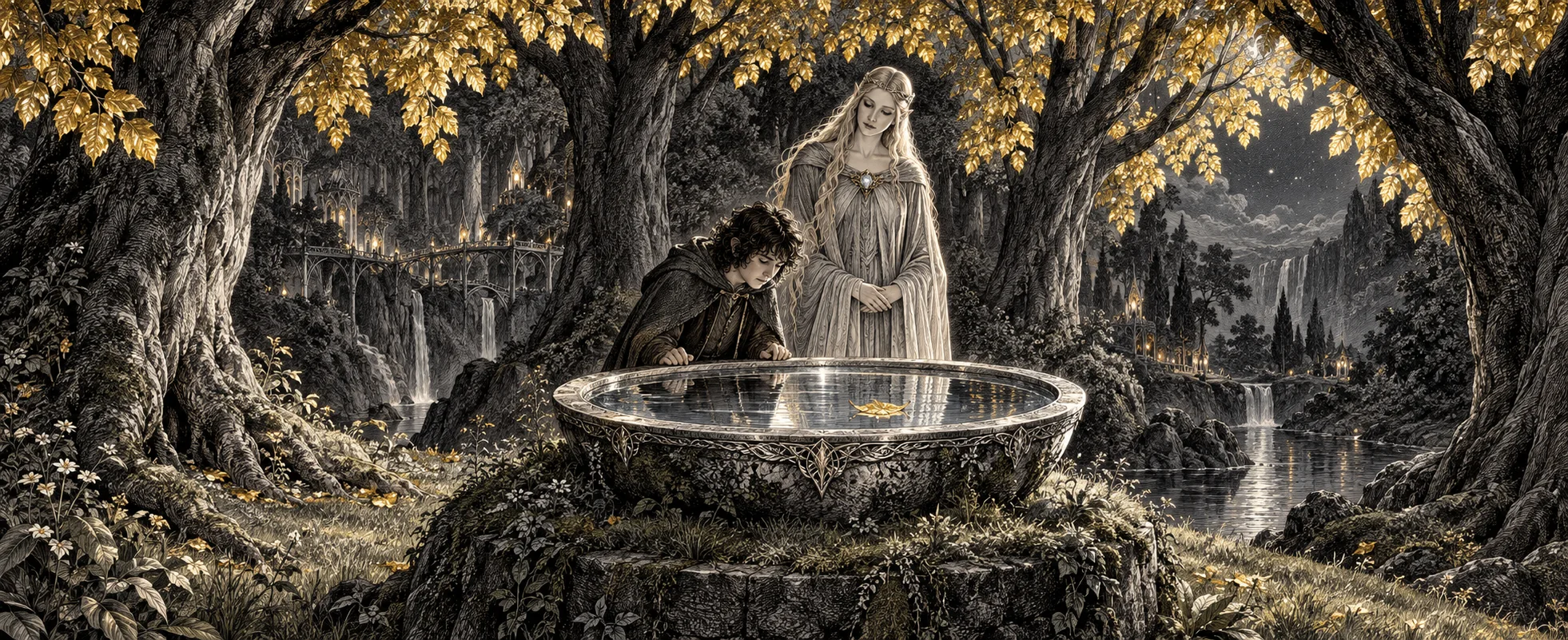 A hobbit and an elf lady in white look into a silver basin of water in a moonlit forest glade.