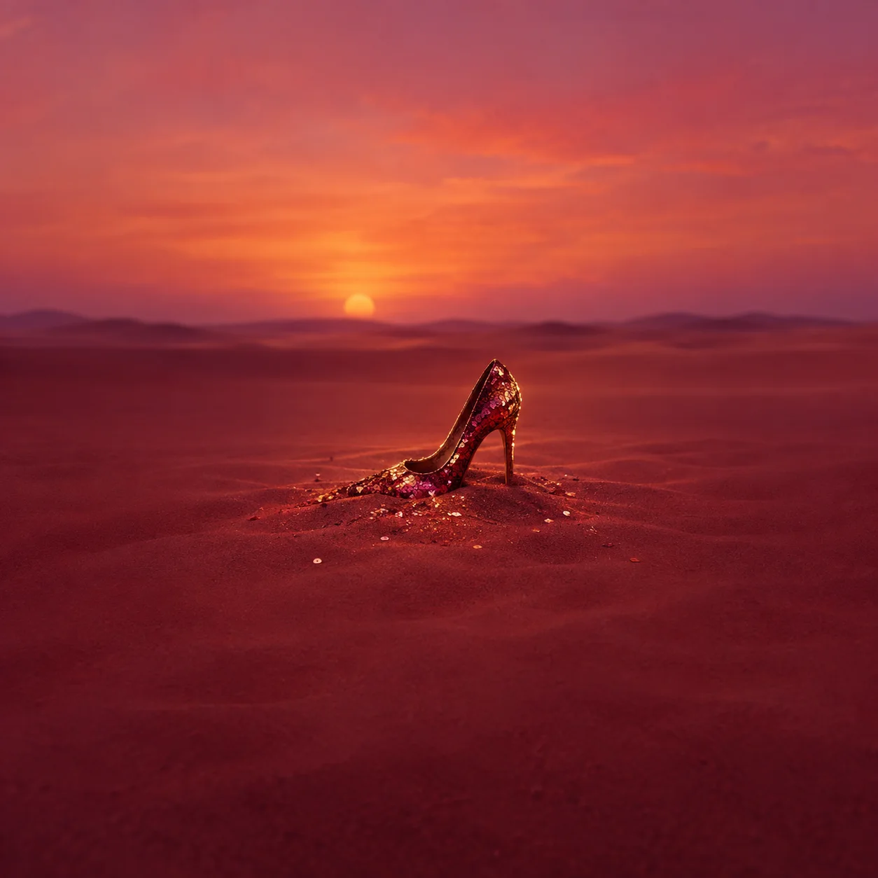 A glittering red high-heeled shoe stands in red sand beneath an orange sunset.