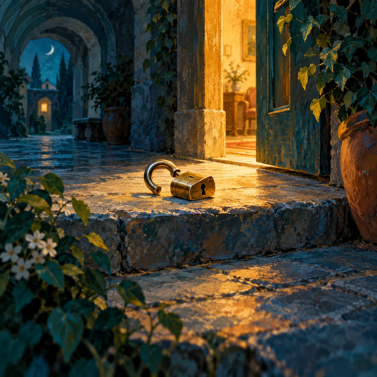 An open brass padlock rests on a stone threshold beside a warmly lit doorway in a blue ivy-covered passage.