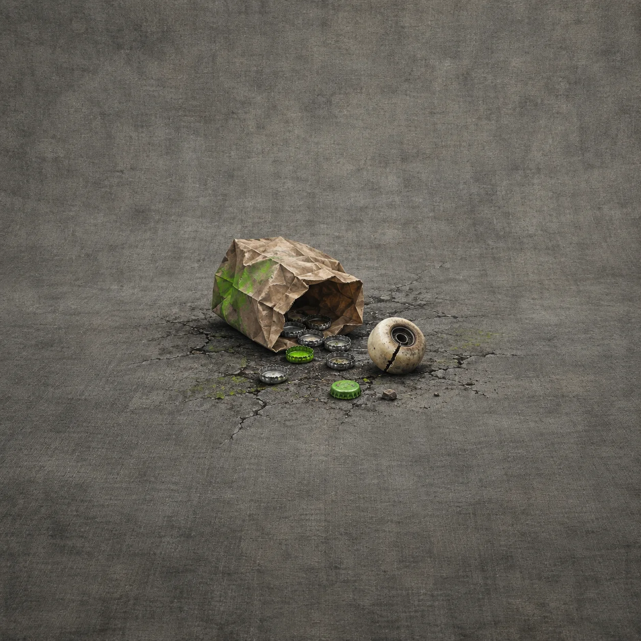 Painterly crumpled paper bag spilling green bottle caps beside a worn skateboard wheel.