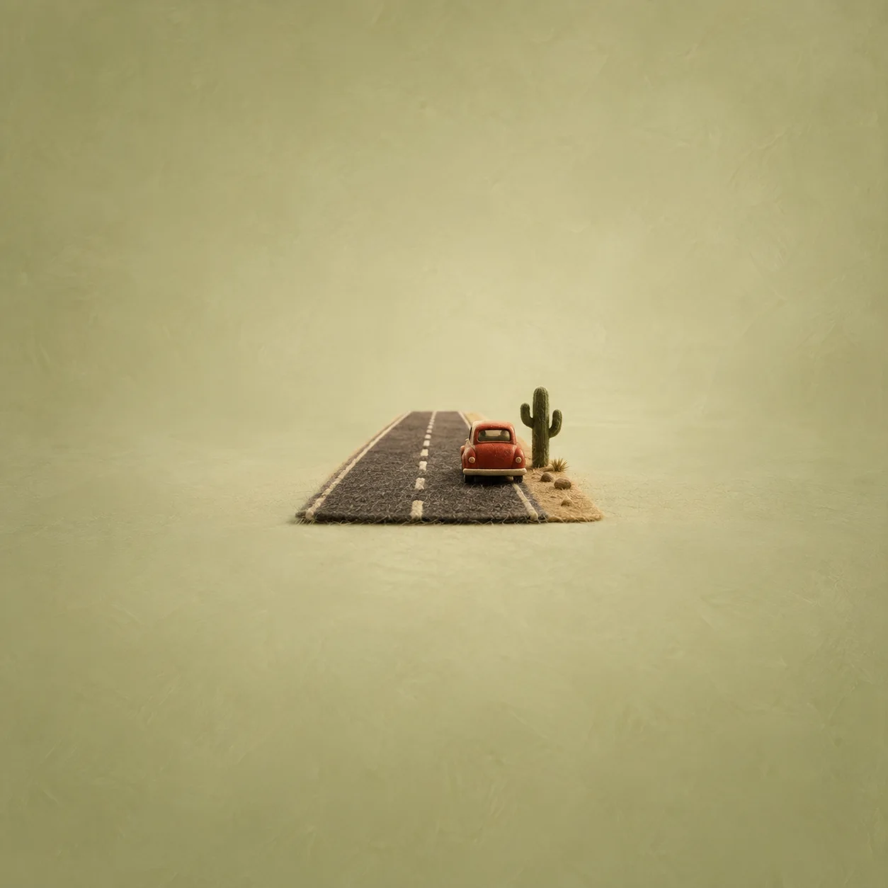 A small orange car sits beside a cactus on a miniature strip of road against pale olive.