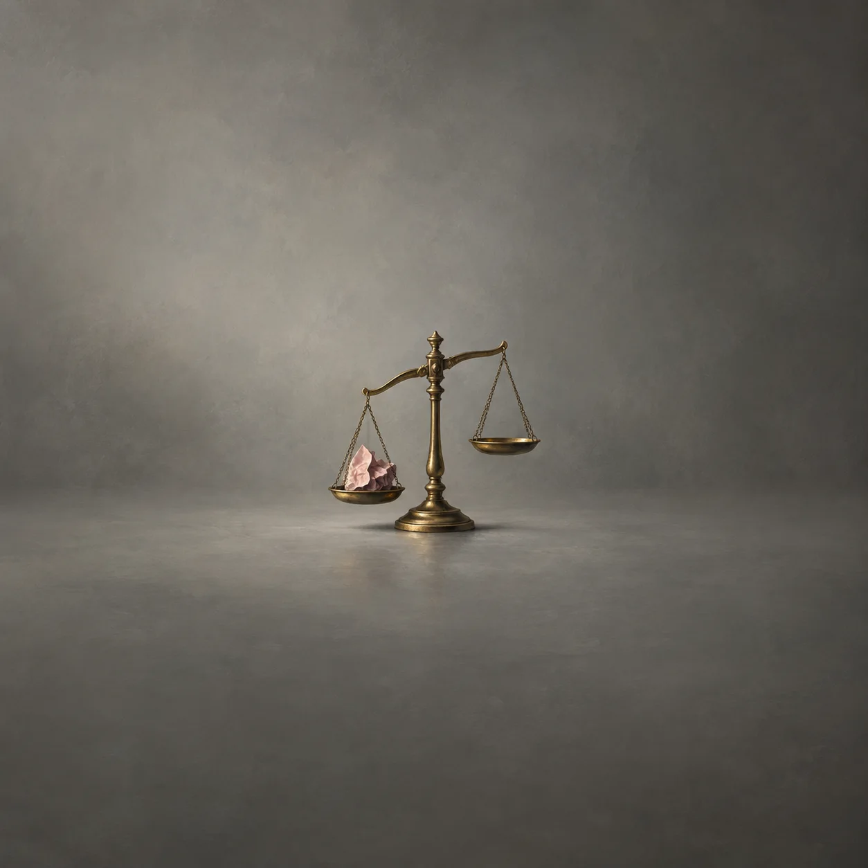 Painterly brass balance scale tilted by crumpled pink paper against grey.