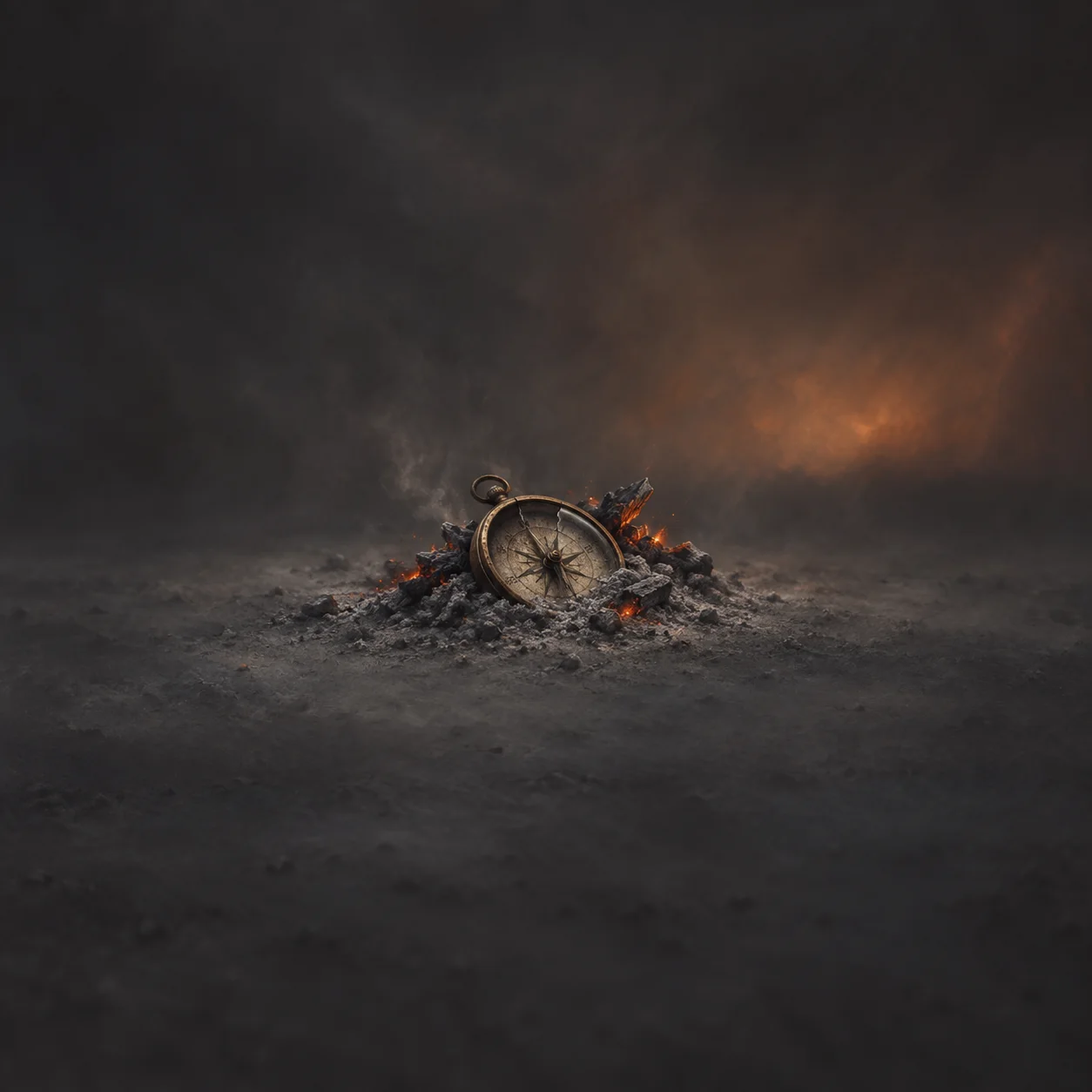 Painterly cracked brass compass partly buried in grey ash and glowing embers.
