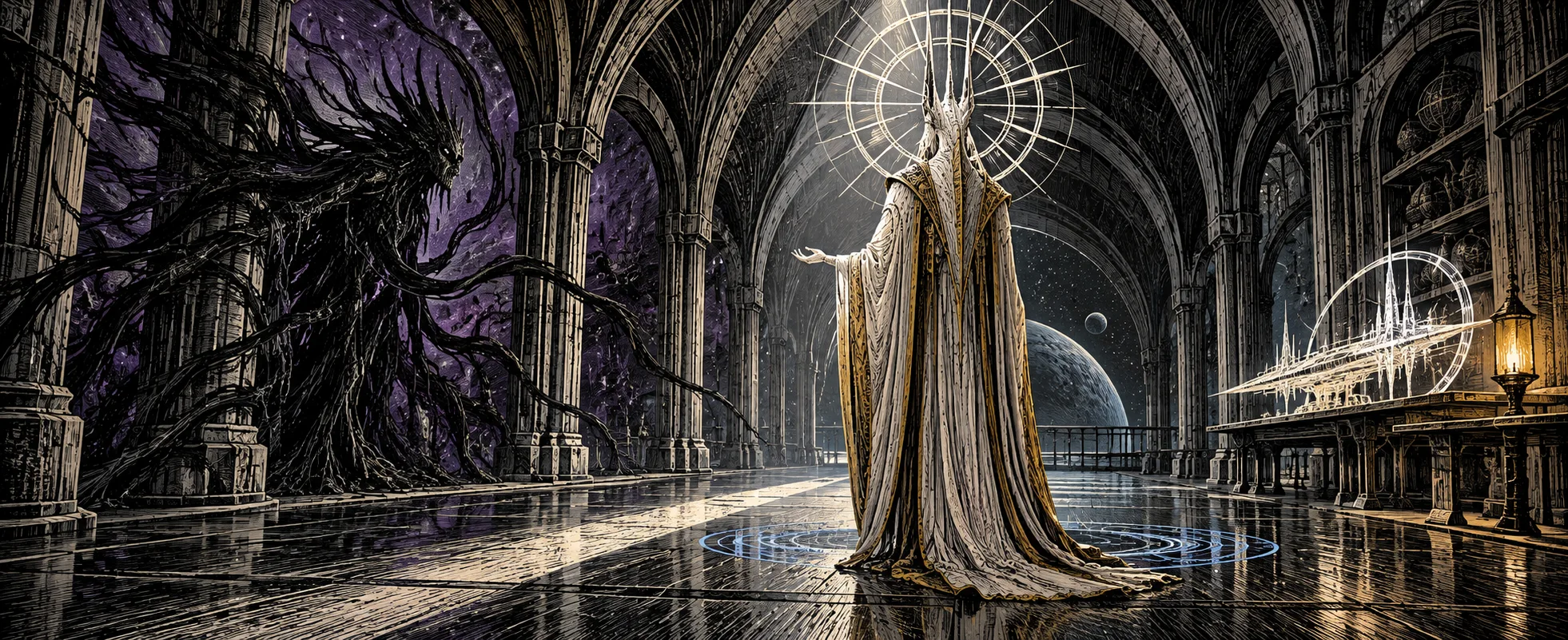 A tall, robed figure with a radiant halo stands in a vast vaulted space-station hall as dark, spidery tendrils creep along the wall behind it, in a dramatic etched style.